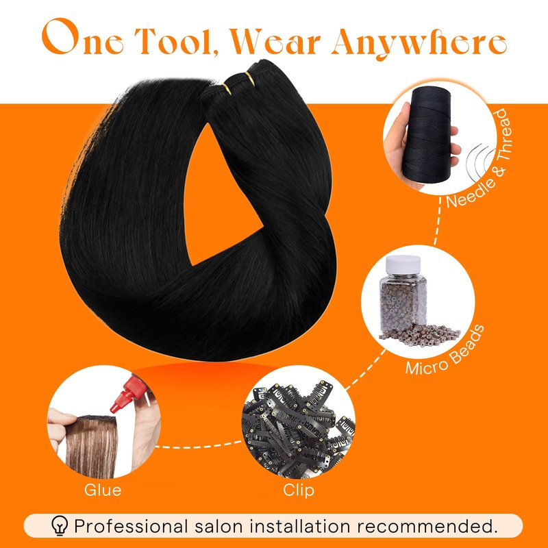 Sunny Hair Sew in Hair Extensions Real Human Hair 22 Inch 100G Jet Black Double Layered Long Hand-Tied Bundles Straight Smooth Hair Full Head for Women Add Length