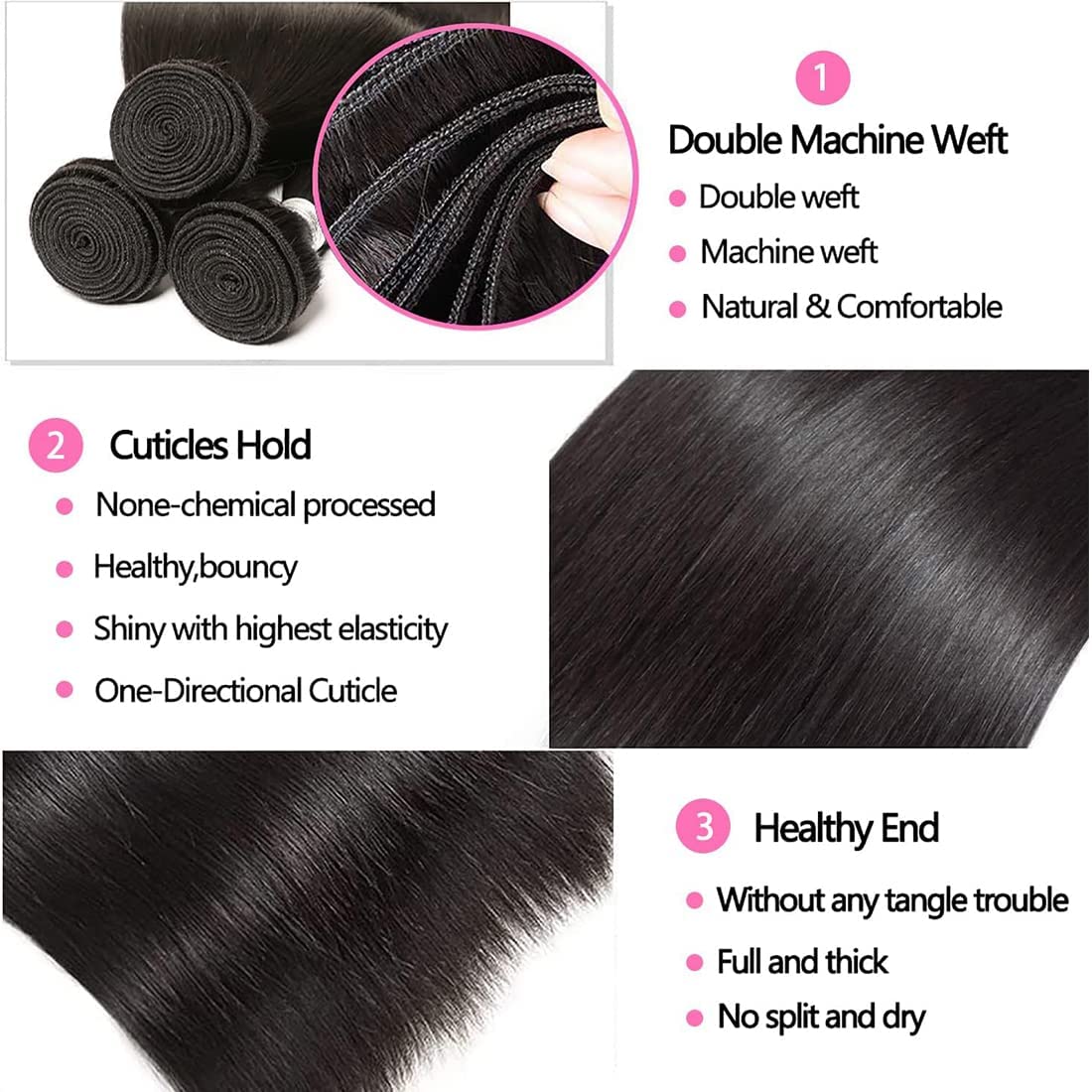 Angie Queen Straight Bundles Human Hair 20 Inch 100% Unprocessed Virgin Hair Extensions Single Bundle 100 Gram(+/-5g) Double Weft Quick Weave Sew In Nature Black Color