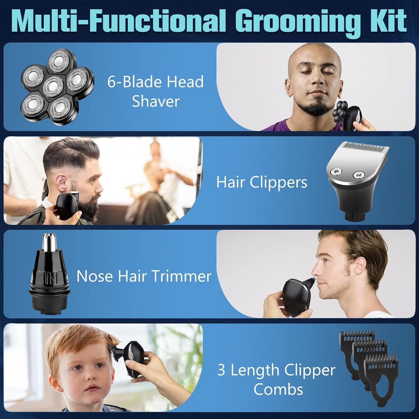 Electric Head Shaver for Bald Men - 6-in-1 Waterproof 6D Wet/Dry Grooming Tool