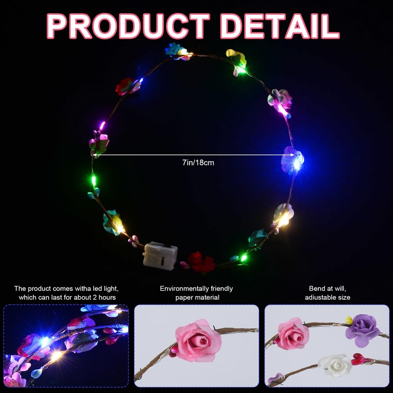 QSJQllo 30 Pcs LED Flower Crowns Headbands,Light up Headbands For Women,Glow in The Dark Headband,Diademas Con Luces Led Para Fiestas,Glow Headbands,Light up Crown，Diademas Con Luces Led Para Fiestas
