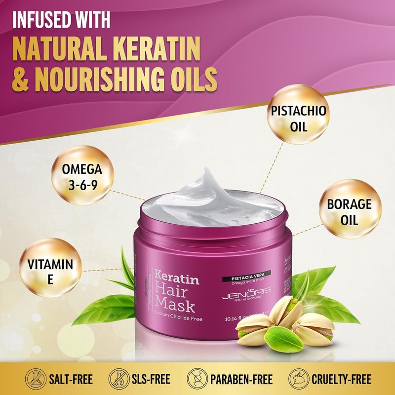 Keratin Hair Mask for Dry, Damaged & Frizzy Hair - Deep Conditioning Treatment with Omega 3-6-9 & Pistachio Oil | 8.45 Fl Oz