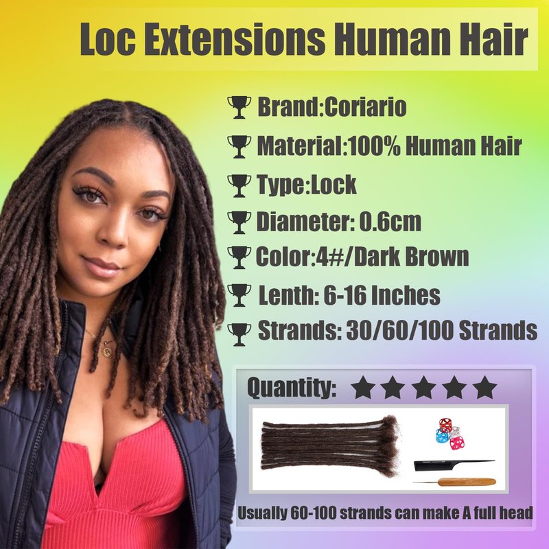 Coriario Dark Brown Locs Extensions Human Hair 8 Inch 30 Strands 0.6cm Dreadlock Extensions Human Hair Dread Locks for Men 4#