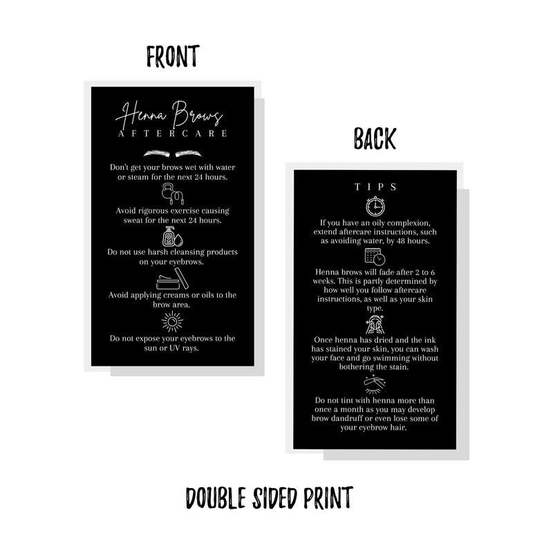 Brow Henna Aftercare & Tips Cards 50pk 2 x 3.5” Brow Artist Supplies Henna Brow Care Black and White Design