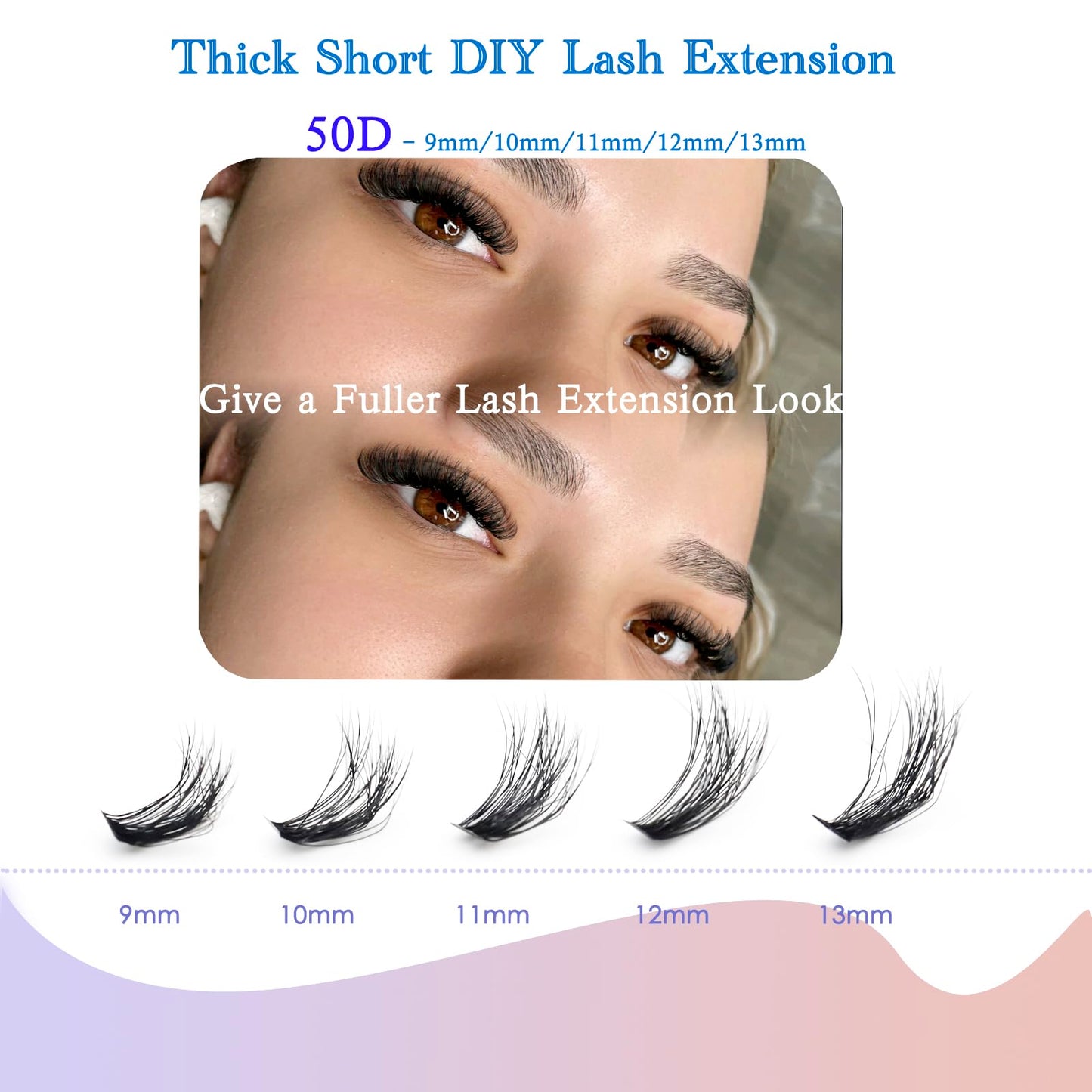 DAODER Short Lash Extension Kit 50D Natural Lash Clusters Wispy Fluff Eyelash Extensions D Curl Individual Lashes 9-13MM Thick Eyelashes Clusters Bond and Seal(Thick Short Eyelash Extension Kit 50P)
