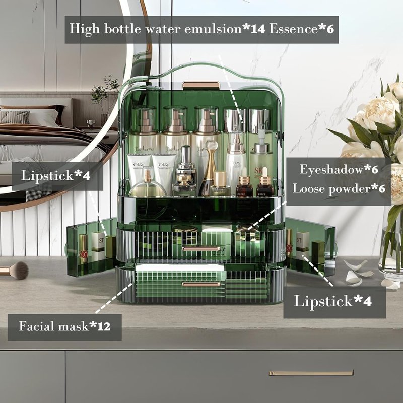 Cosmetics Storage Box - Large Transparent Makeup Organizer with Drawers | Waterproof & Dustproof Skincare Display Case in Clear Green