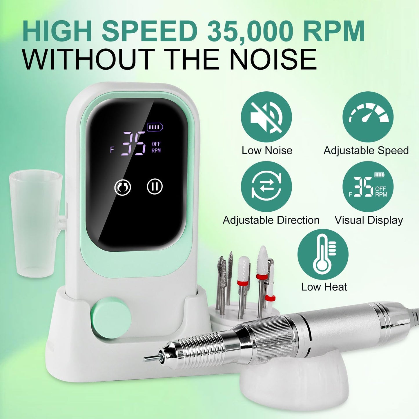 LIMEGIRL Electric File Nail Drill Professional 35000RPM Green Nail File with Rechargeable Base & Bits Nail Drill Bit Nail Files and Buffers for Acrylic Nail Remove Nail Tech Must Haves for Salon Home