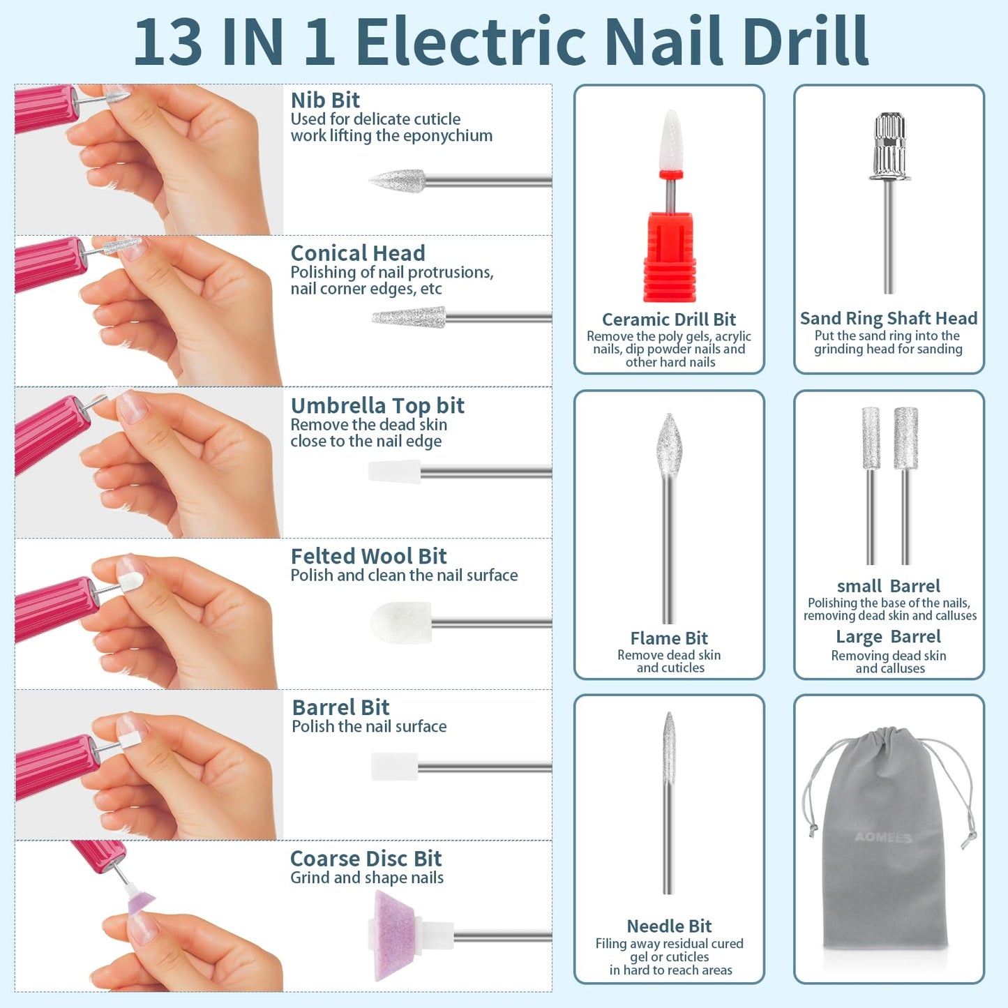 AOMEES Portable Electric Nail File, Cordless Nail Drill with Light for Acrylic, Gel Nails, 12 in 1 Personal Polish Manicure Tools with Nail Drill Bits for Salon Home Use (Lavender)
