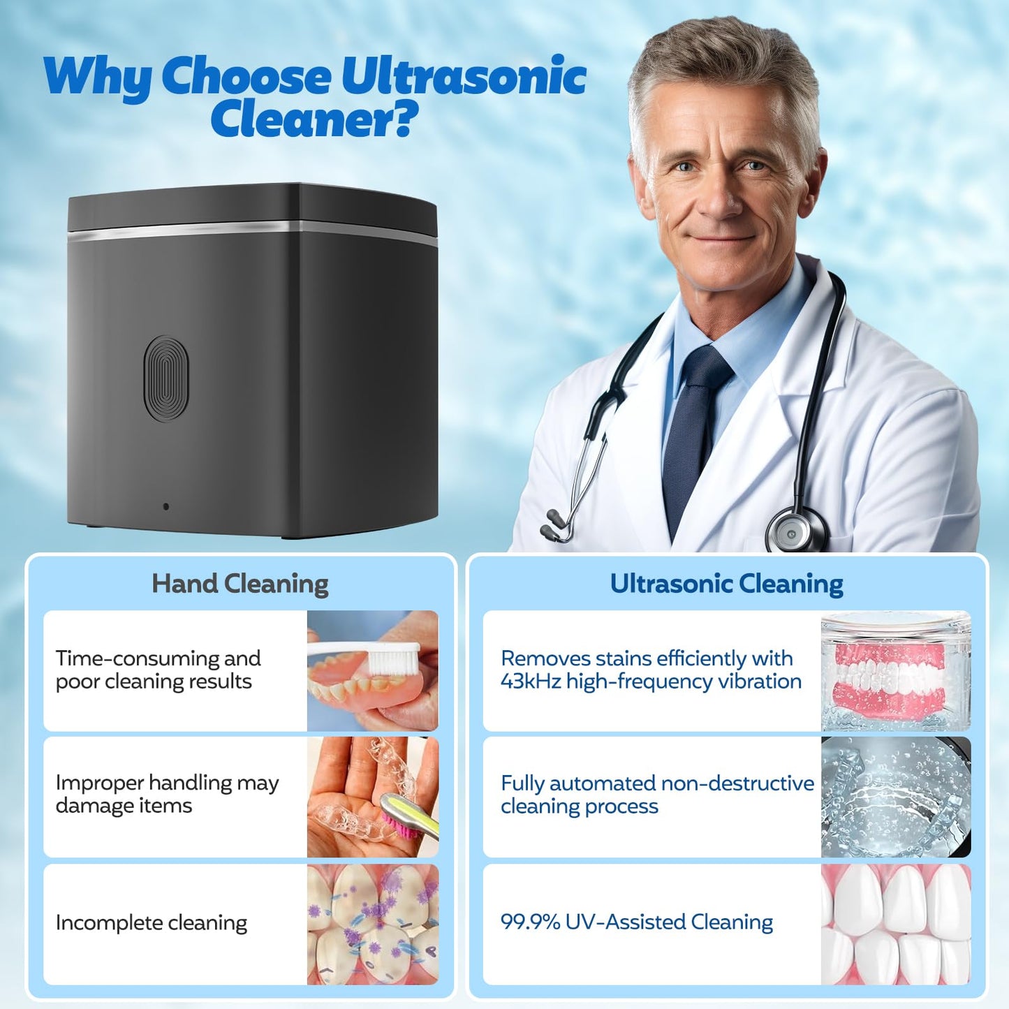 U-V Ultrasonic Dental Cleaner;UltraSonic Retainer Cleaner Machine for Denture,Aligner,Whitening tray,200ml Portable Mouth Guard Cleaner, Invisalign Cleaner Pod,Professional Sonic Jewelry Cleaner black