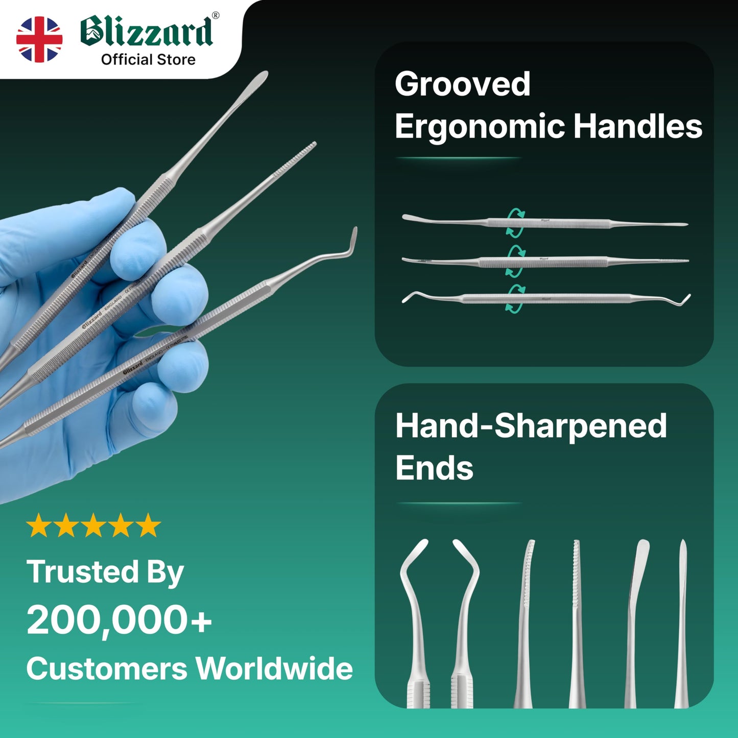 Blizzard Premium Blacks File Pedicure Set – 3-Piece Ingrown Toenail Kit - Double-Sided Toenail Cleaner, Nail File & Nail Lifter – Stainless Steel Podiatry Tools - Professional Foot Care Nail File Set