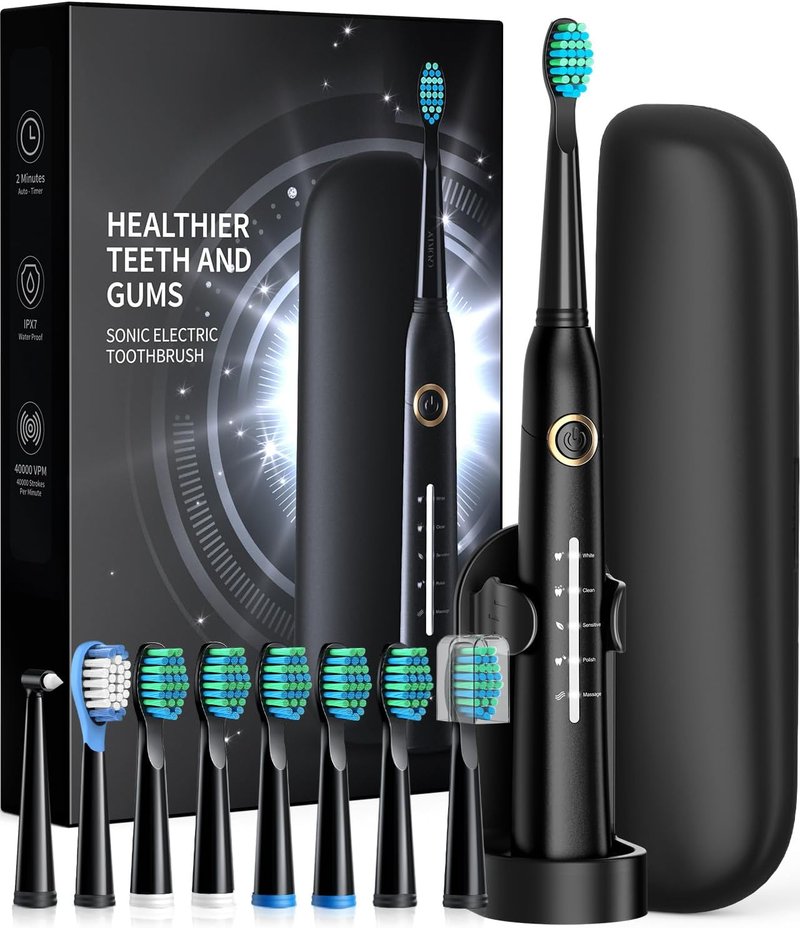 Sonic Electric Toothbrush - 40,000 VPM Deep Clean with 8 Brush Heads & Travel Case | Rechargeable, 5 Modes, Black