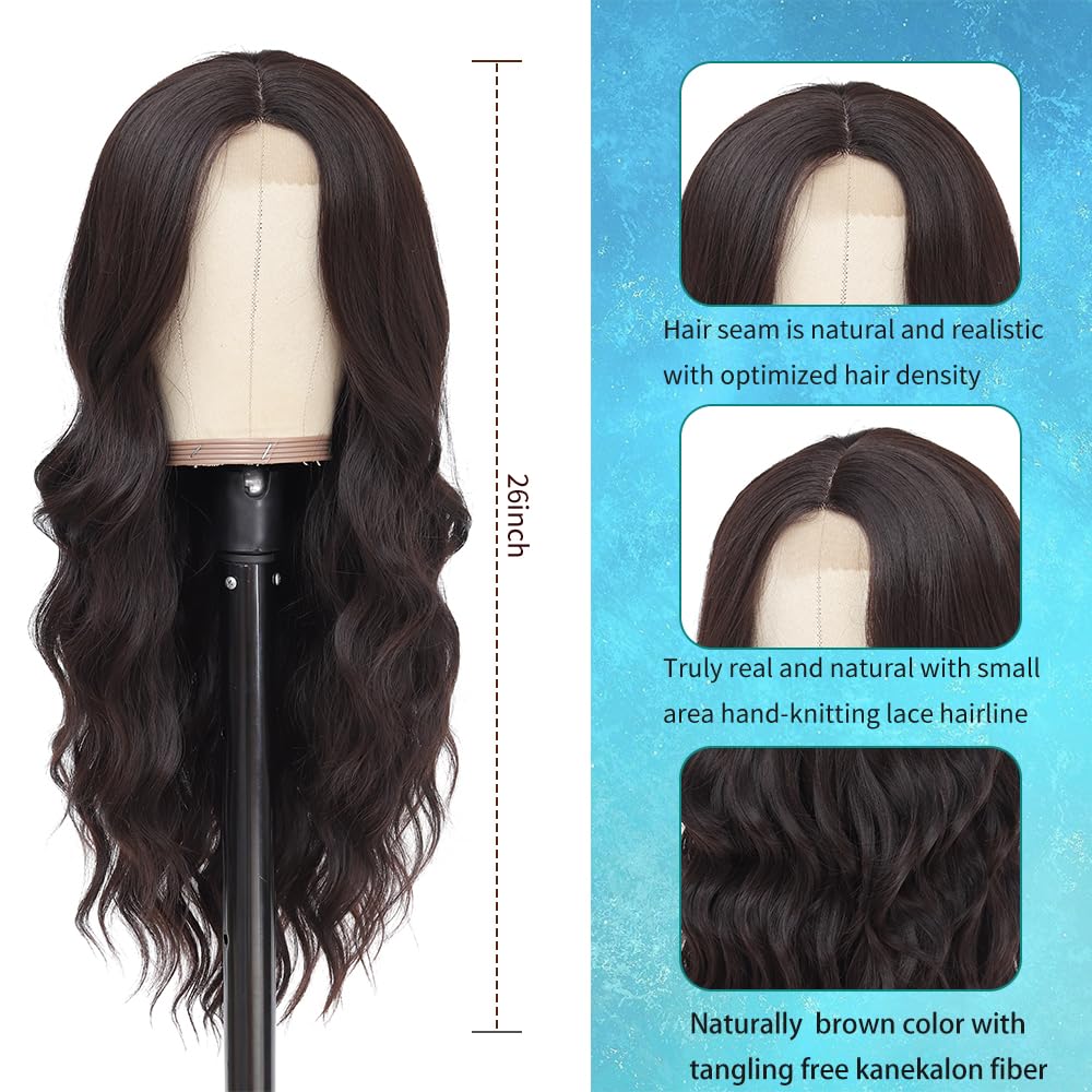 HMHIFI Long Brown Wig for Women 26Inch Wavy Curly Dark Brunette Hair Wigs Synthetic Hair Replacement Heat Resistant Hair Wig for Daily Party Use