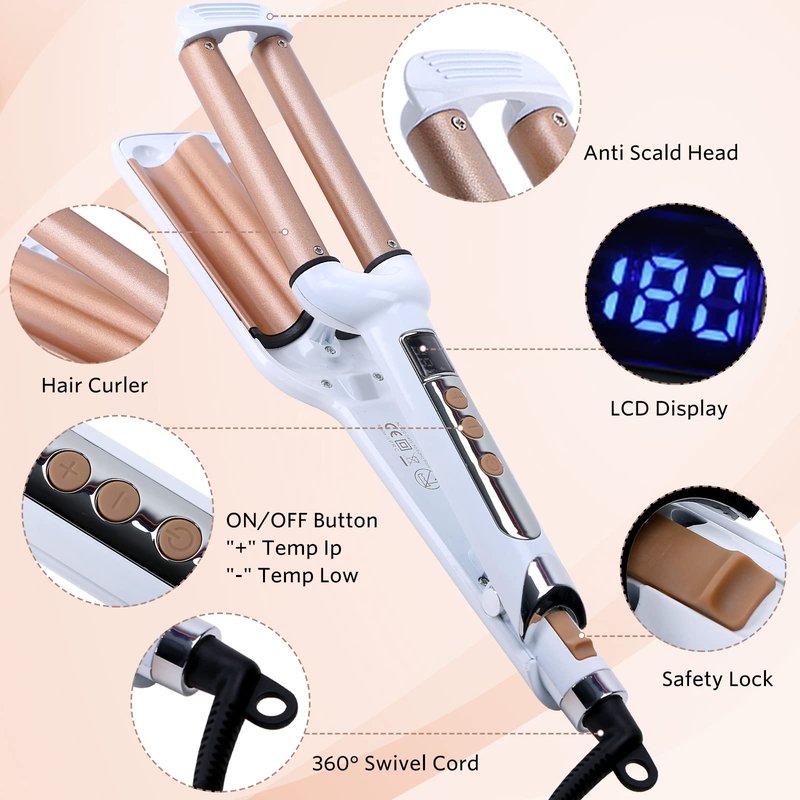 3 Barrel Hair Crimper Iron Professional Curling Wand 0.6 Inch Ceramic Fast Heating Crimping Iron for Deep Waves Valentines Gifts