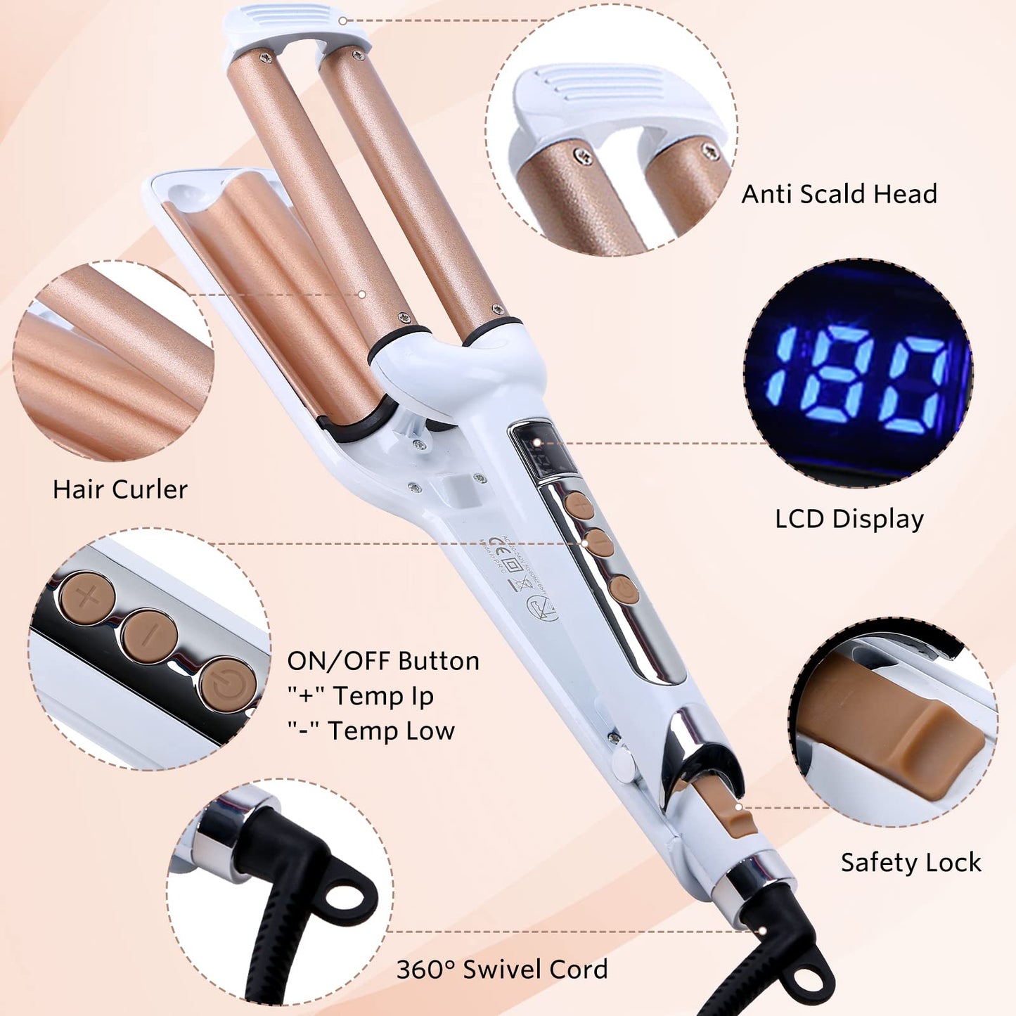 3 Barrel Hair Crimper Iron Professional Curling Wand 0.6 Inch Ceramic Fast Heating Crimping Iron for Deep Waves Valentines Gifts