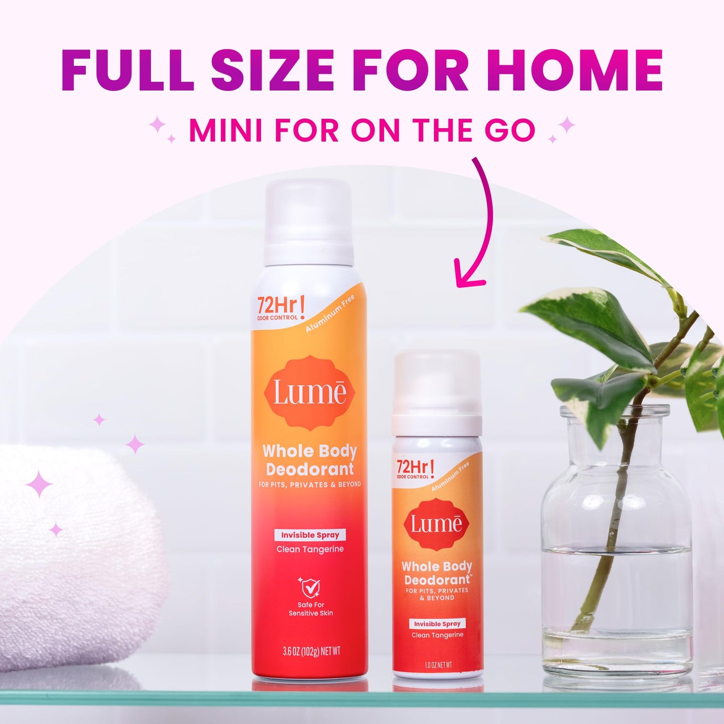 Lume Invisible Spray Deodorant For Women Two Pack - Full Size & Mini Whole Body Deodorant Spray - 72 Hr Odor Control - Aluminum & Baking Soda Free - 2 Piece Bundle - 3.6 oz & 1.0 oz (Clean Tangerine)