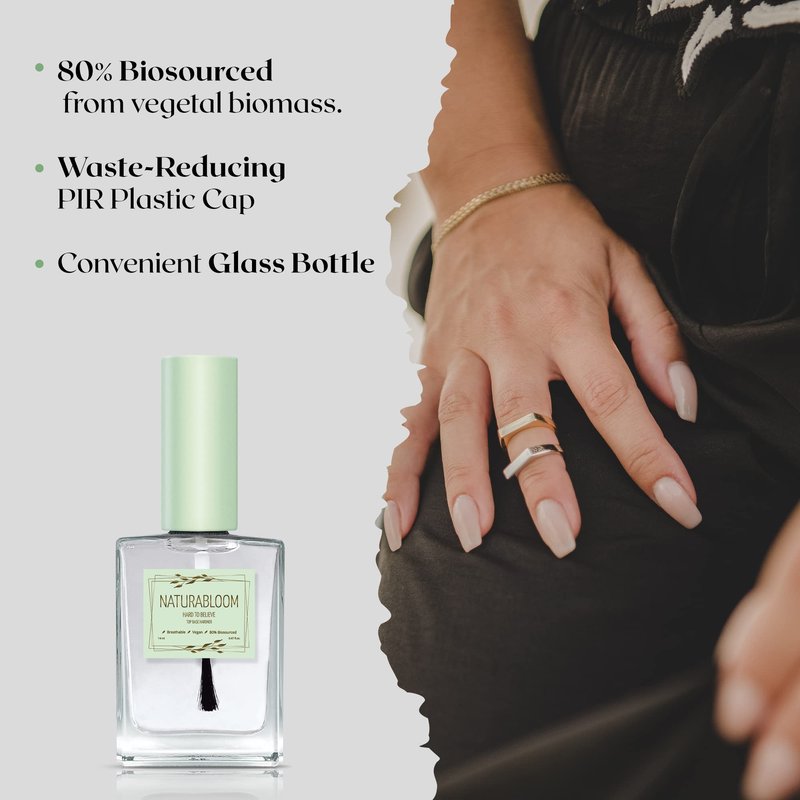 NATURABLOOM Hard to Believe 3-In-1 Nail Strengthener and Growth Polish - Nail Hardener and Strengthener Professional, Top, & Base Coat at Your Fingertips - Biosourced, Vegan & Breathable Nail Top Coat