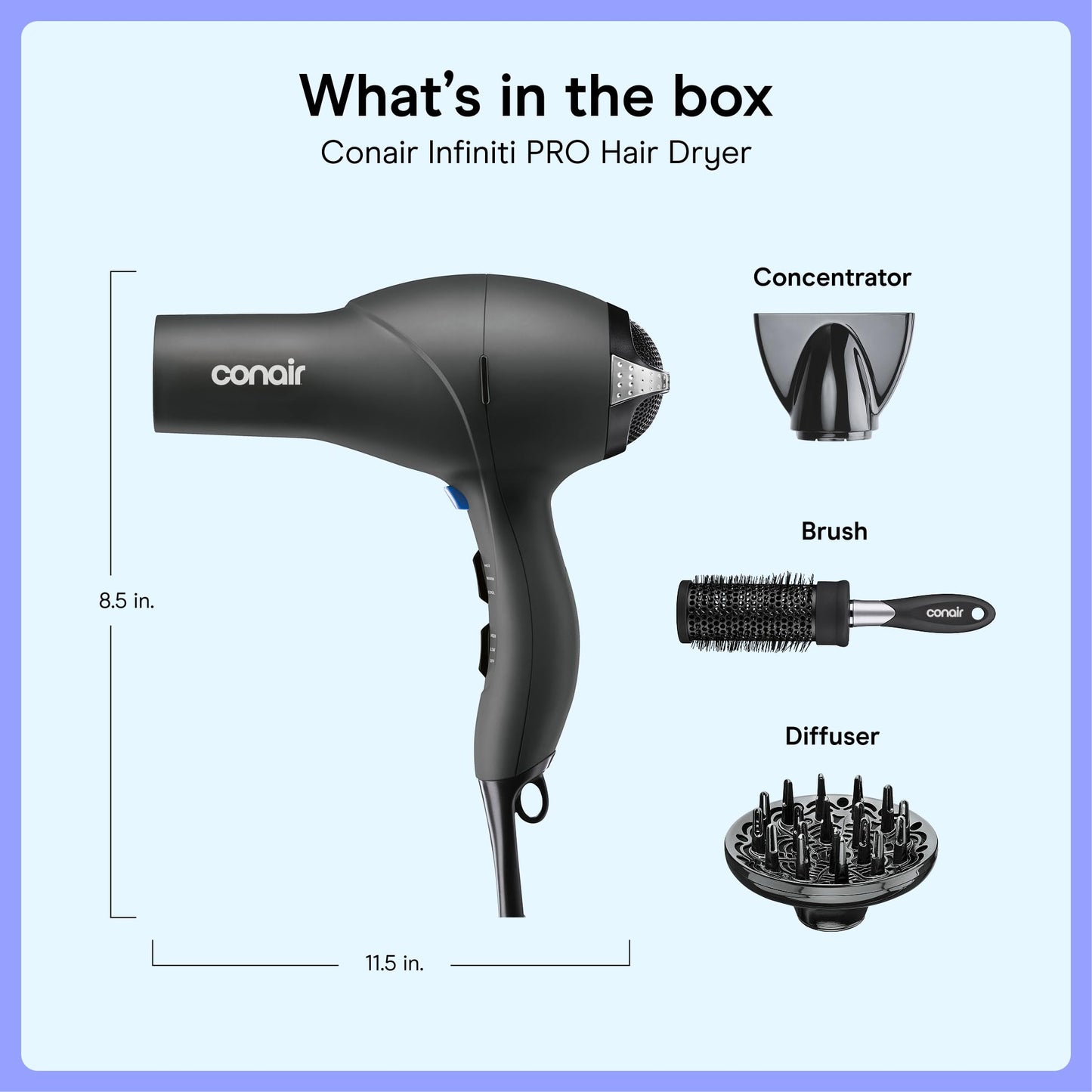 Conair Hair Dryer with Diffuser, Concentrator & Round Brush, Black
