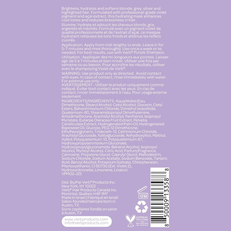 Verb Purple Hair Mask - Nourishing Treatment for Blonde & Silver Hair | 8 oz