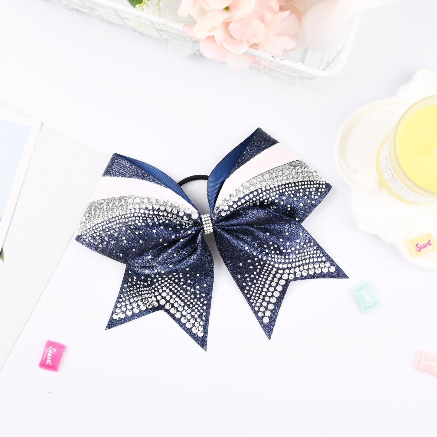 DEEKA 6 PCS 7" Large Glitter Cheer Bows with Shiny Rhinestones Three Color Stiff Hair Bows Elastic Band Ponytail Holder for for Cheerleaders Softball Girls Sports -Navy/Silver/White