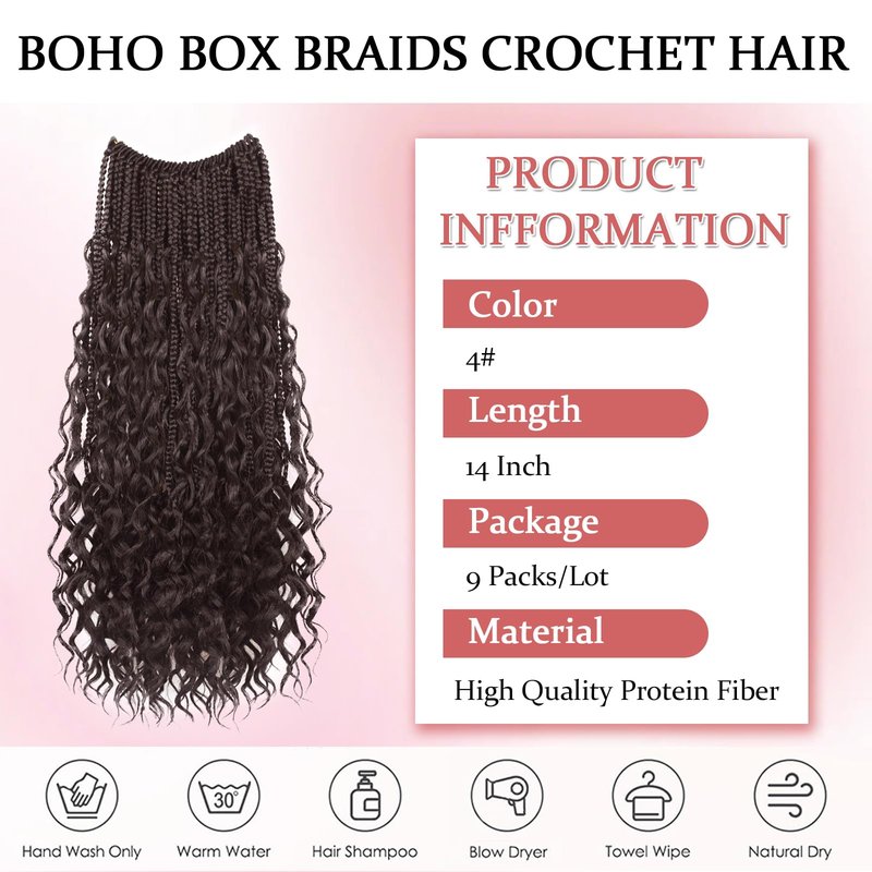 9 Packs Boho Box Braids Crochet Hair 14 Inch Pure Protein Fiber Similar to Human Hair Goddess Box Braids Crochet Hair With Curly Ends Pre Looped Bohemian Braid Hair Extension For Women(14 Inch,4#)
