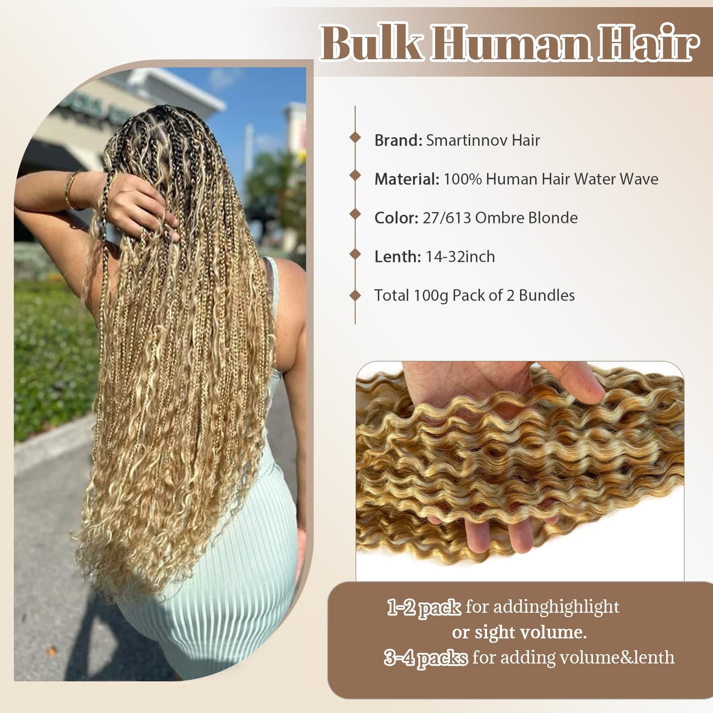 Ombre 27/613 Blonde Human Braiding Hair 18 Inch Water Wave Bulk Human Hair 100g Deep Curly Honey Blonde to Bleached Blonde Highlight Human Hair Extensions for Boho Braids Hair No Weft for Women