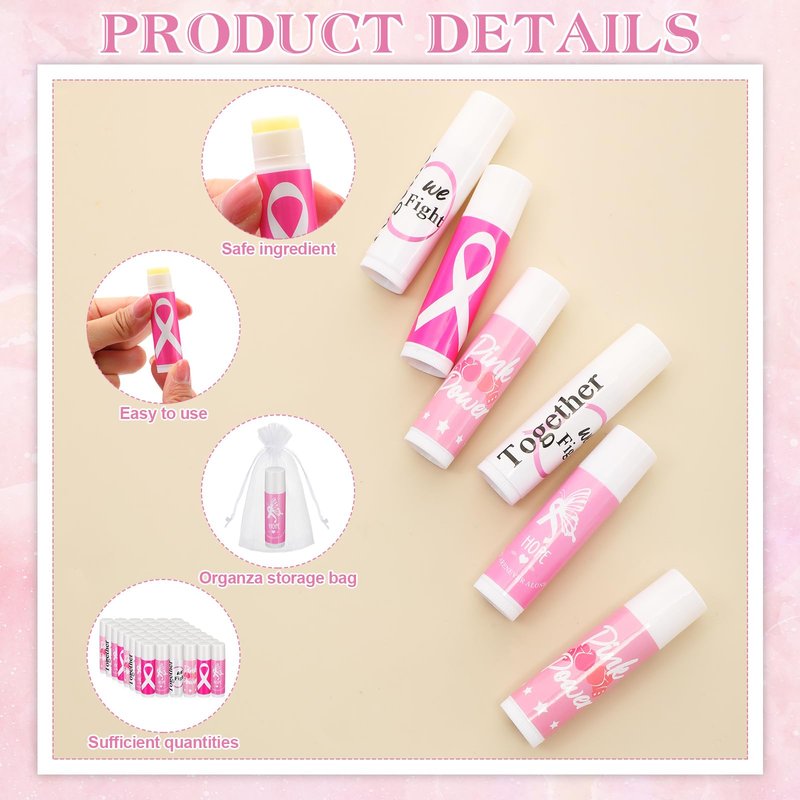 Fumete 50 Sets Breast Cancer Awareness Accessories Gifts Lip Balm Bulks Pink Ribbon Breast Cancer Awareness Items Decorations Natural Ingredients Survivor Gifts Items for Girl Women