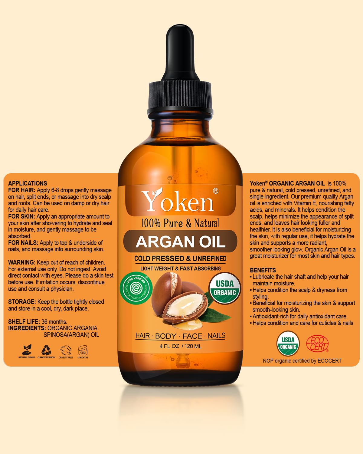 Yoken USDA Argan Oil 4oz, Cold Pressed Oil with Dropper for Hair Scalp Face
