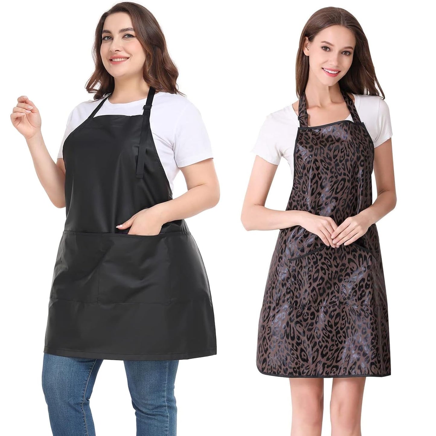 Hair Stylist Apron Bundle - Waterproof PU Leopard Print Aprons with Pockets for Haircutting & Styling