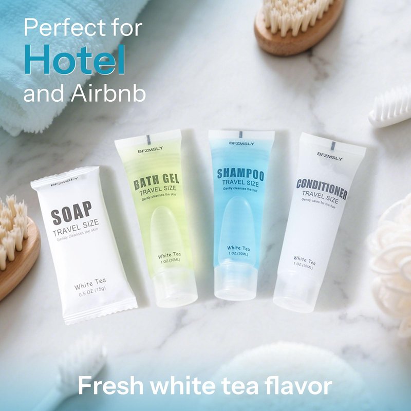 20 Sets Hotel Toiletries Set Bulk, 80 Pcs Travel Mini Bundle Amenities with Shampoo, Conditioner, Body Wash & Bar Soap - White Tea Scent - Guest Supplies for Airbnb, Motel, Hospitality