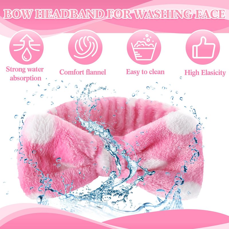 Wavyknot 50 Pcs Pink Spa Headband Bulk Spa Sleepover Party Supplies for Washing Face with Removable Bow Makeup Elastic Bowknot Headbands for Women Gifts Soft Skincare Microfiber Hairbands(Dots Style)