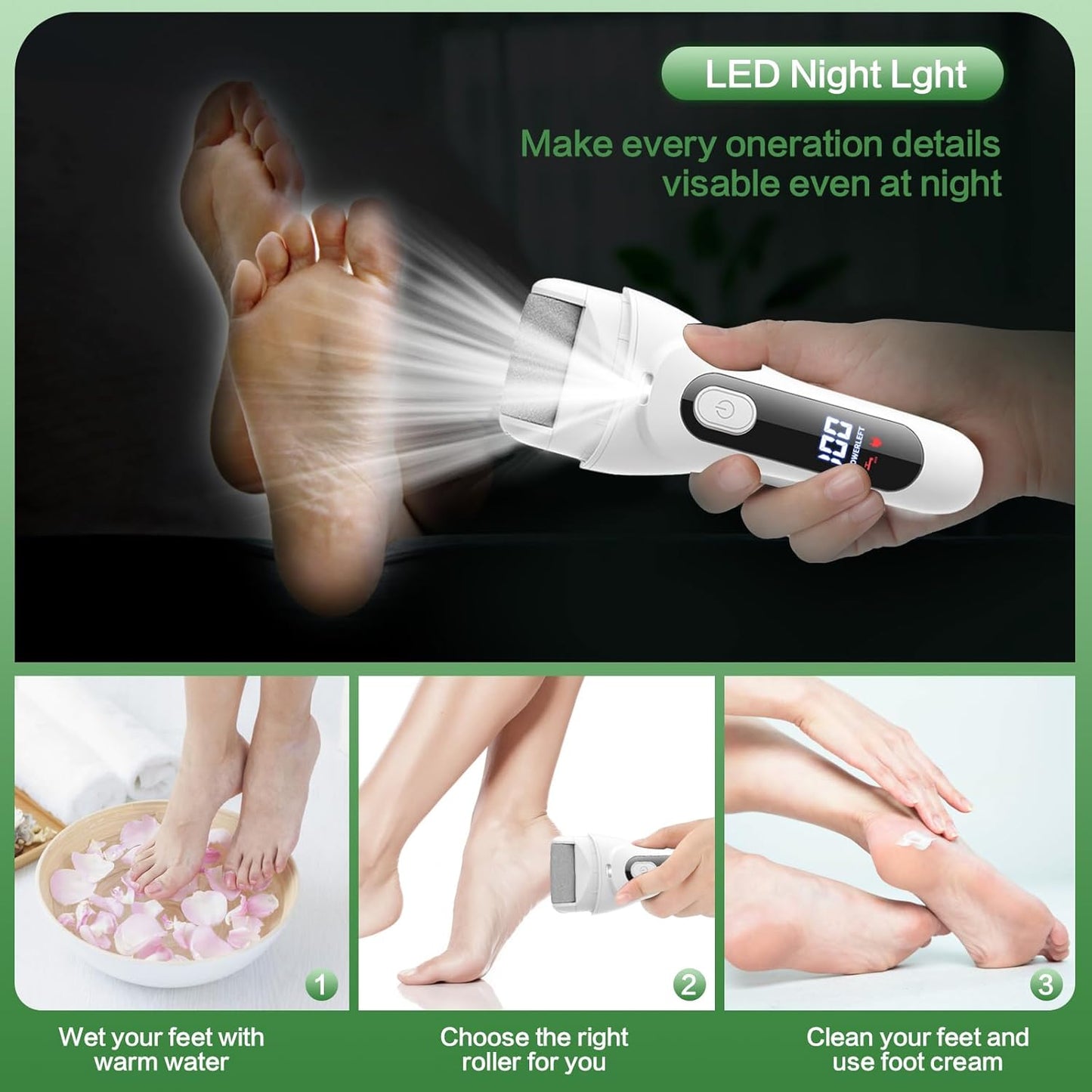 Electric Foot Callus Remover - Rechargeable Waterproof Foot File with LED Light & 3 Rollers | USB-C Charging, White