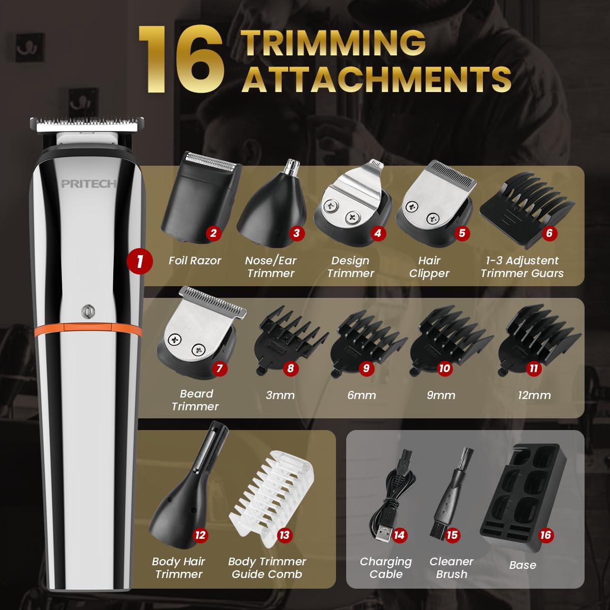 PRITECH Beard Trimmer for Men – 6-in-1 Cordless Grooming Kit, IPX6 Waterproof Wet & Dry with Foil Shaver & Nose Trimmer, USB-C Rechargeable 90min Runtime, Home Travel Use (Silver)