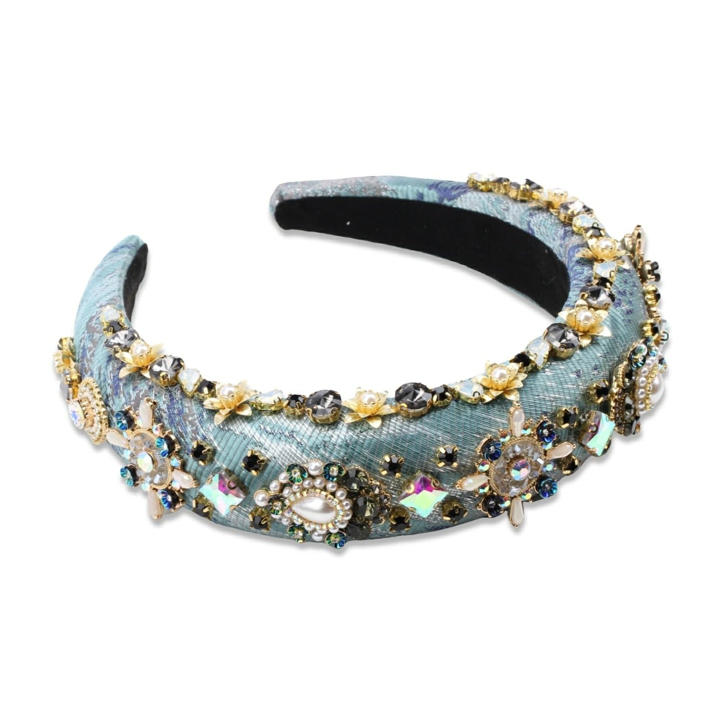 Florate Luxury Baroque Big Wide Crystal Headband for Women Pearl Rhinestone Bead Decorative Hairband Jeweled Head Hoop Party Accessories (HDDY1081-blue)