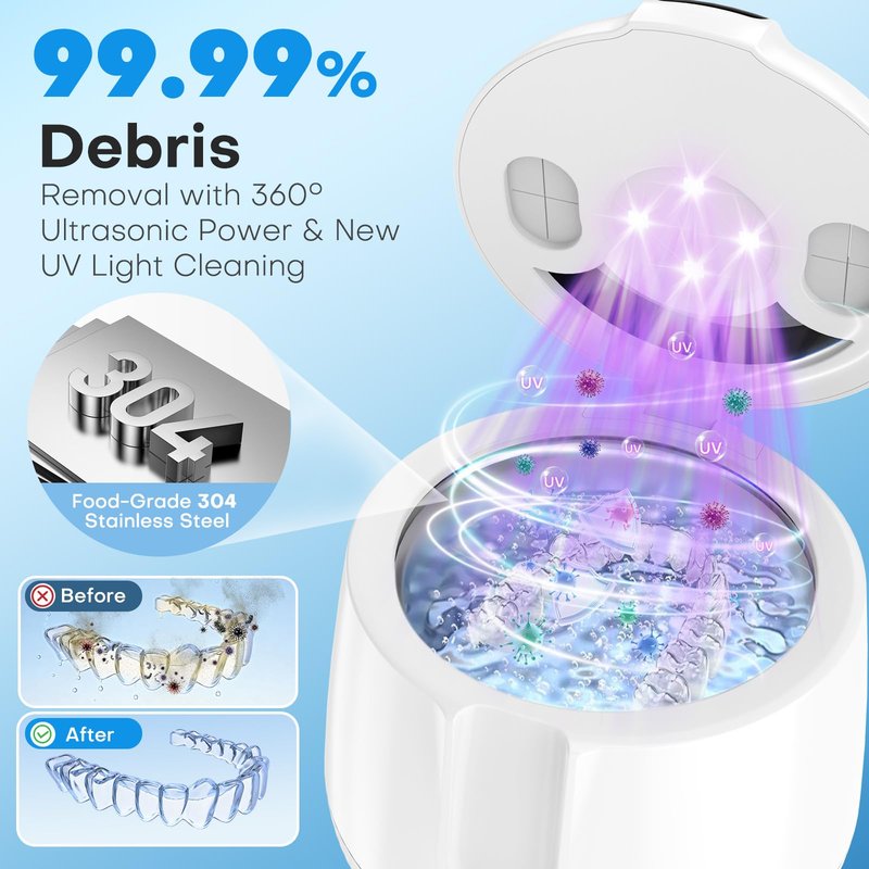 Cordless Ultrasonic Retainer Cleaner Machine, MEKO Rechargeable Denture Cleaner with 4000mAh Battery, 48kHZ, IPX5 Waterproof Dental Pod for Aligner, Braces, Jewelry, Toothbrush Head-White