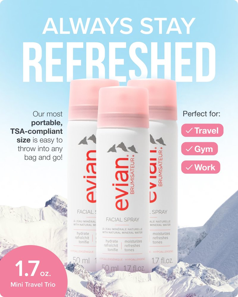 Evian Facial Spray 1.7 oz Travel Trio - Hydrating Mineral Water Mist for Face & Skin - Refreshes Makeup and Tones - TSA-Approved Mini Facial Spray to Hydrate and Refresh Skin Anywhere
