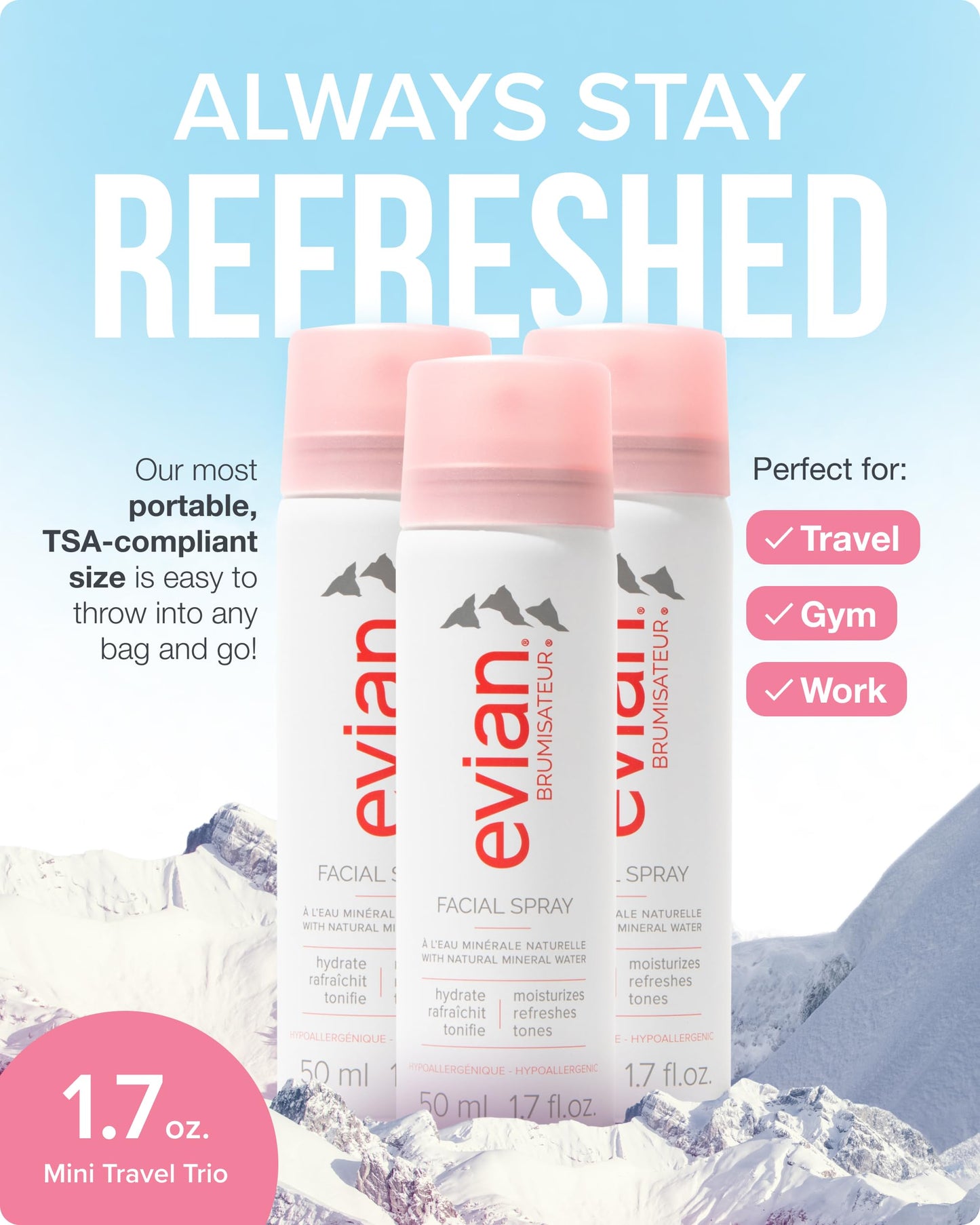 Evian Facial Spray 1.7 oz Travel Trio - Hydrating Mineral Water Mist for Face & Skin - Refreshes Makeup and Tones - TSA-Approved Mini Facial Spray to Hydrate and Refresh Skin Anywhere