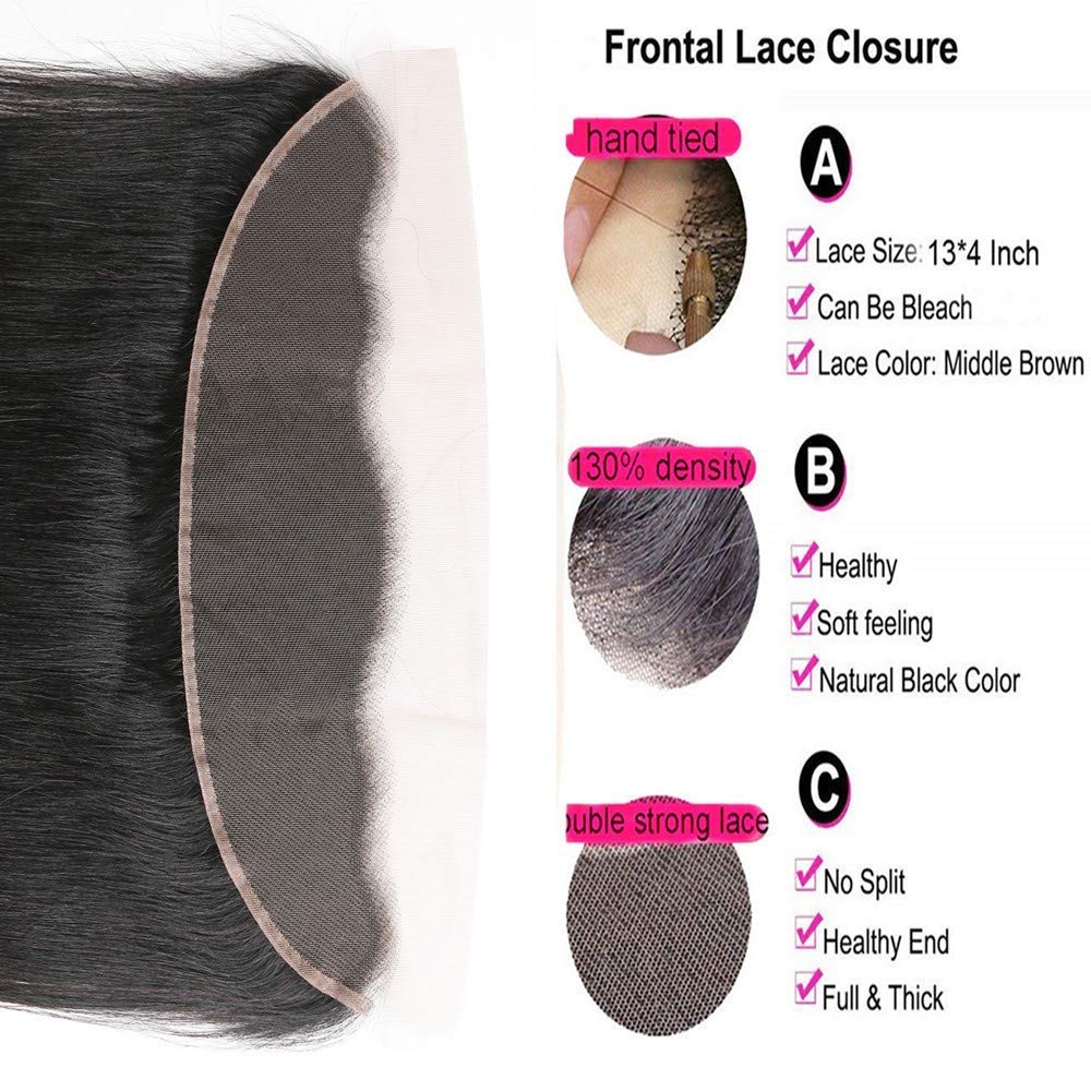 13x4 Lace Frontal Closure Human Hair 16 Inch 100% Virgin Brazilian Straight Human Hair HD Lace Closure Hair Ear to Ear Lace Frontal Pre Plucked Natural Black Color