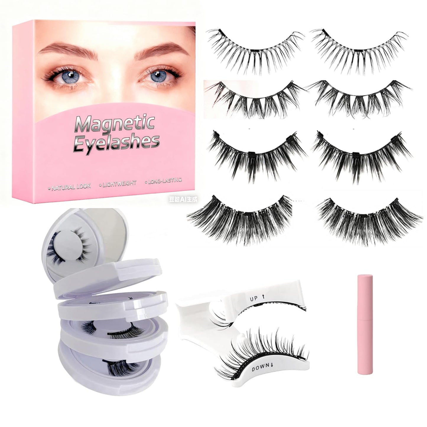 4-Pairs Magnetic Eyelashes with FREE Fixation Eyeliner - Include Natural Wispy Fluffy Fairy 4 Styles - Reusable Magnetic Eyelashes Natural Look with Applicator - Pestañas Magnéticas Naturales