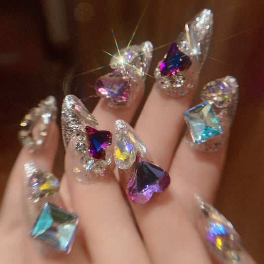 QQPPOLIU Almond Press on Nails Medium False Nails Stiletto Handmade Glue on Nails with 3D Big Jewel Rhinestones Designs Full Cover Nails Silver Glitter Press Ons Gift for Mother's day (Transparency)