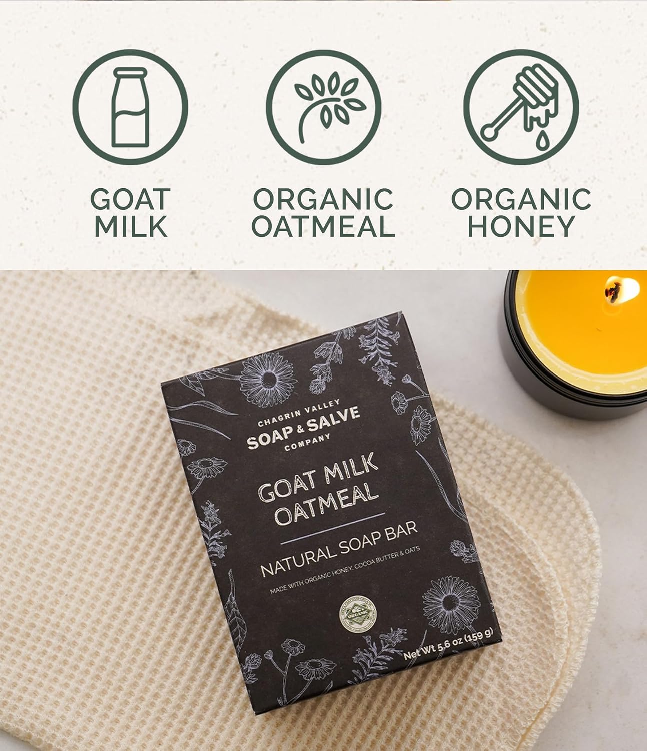 Chagrin Valley Soap & Salve Oatmeal, Honey and Fresh Goat Milk Soap Bar - For Dry Skin and Itchy Skin Relief - Organic, Cleansing Milk and Honey Unscented Bar Soap For Women and Men, Large 5.6 oz 3PK