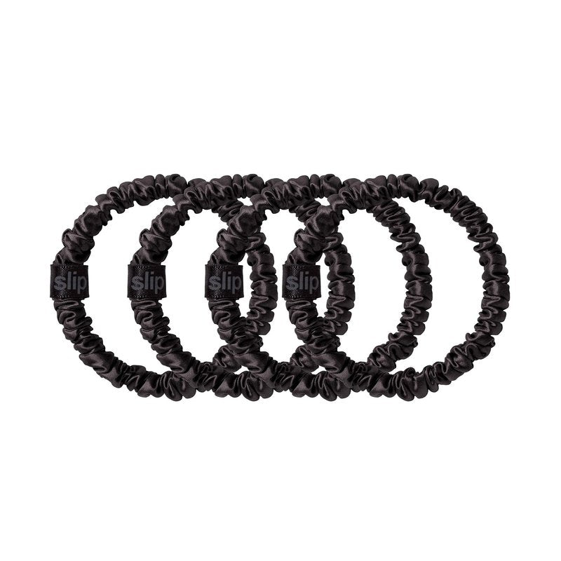 slip Silk Skinny Scrunchies - Black | Set of 4 Skinny Scrunchies | 100% Mulberry Silk, Anti-Crease, Gentle on Hair, Reduces Breakage | Stylish & Durable, Ideal for All Hair Types
