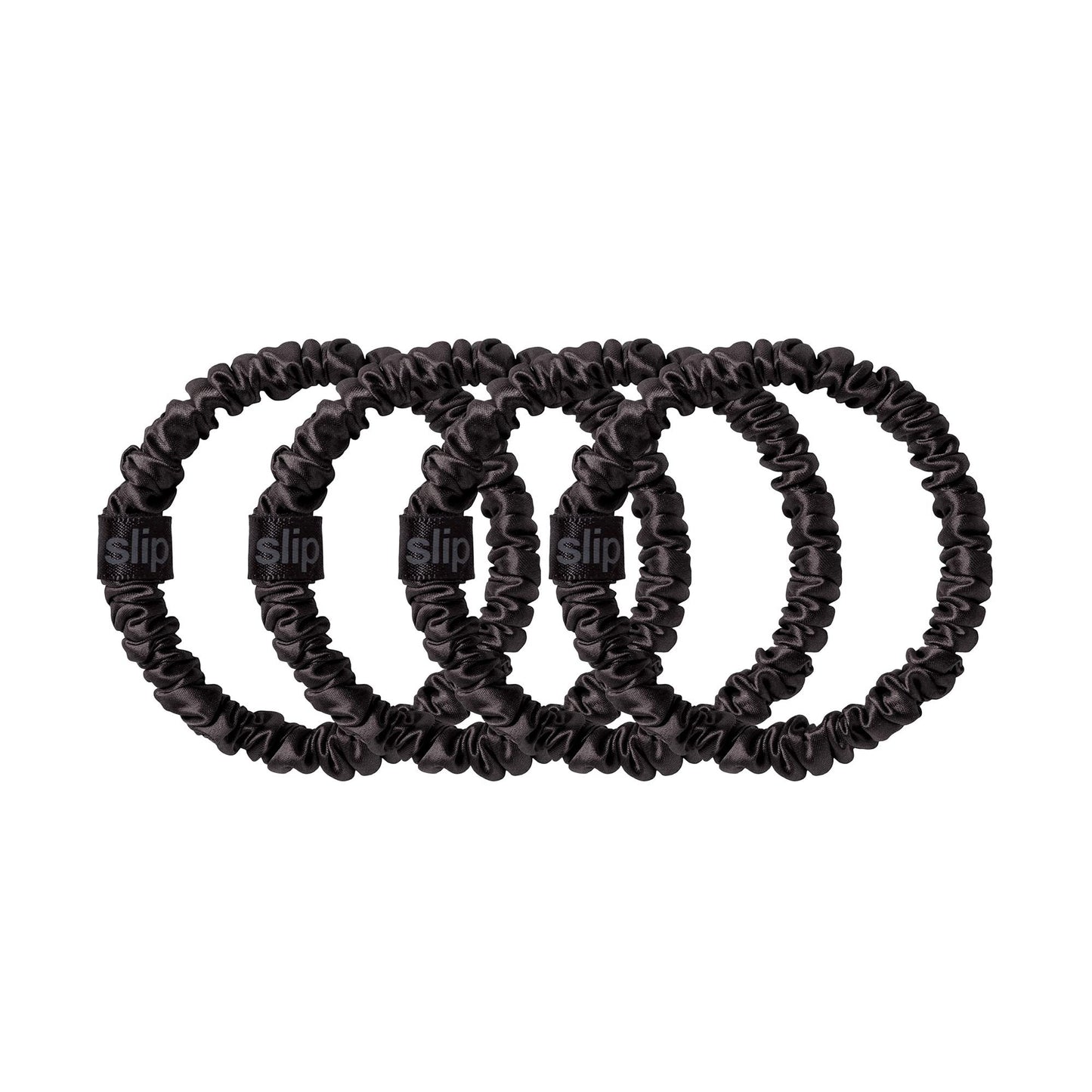 Slip Silk Hair Ties — Skinny Silk Black Scrunchies, No Damage, No Crease, Anti-Breakage |100% Mulberry Silk | All Hair Types | Made with Proprietary Slipsilk™ | Set of 4