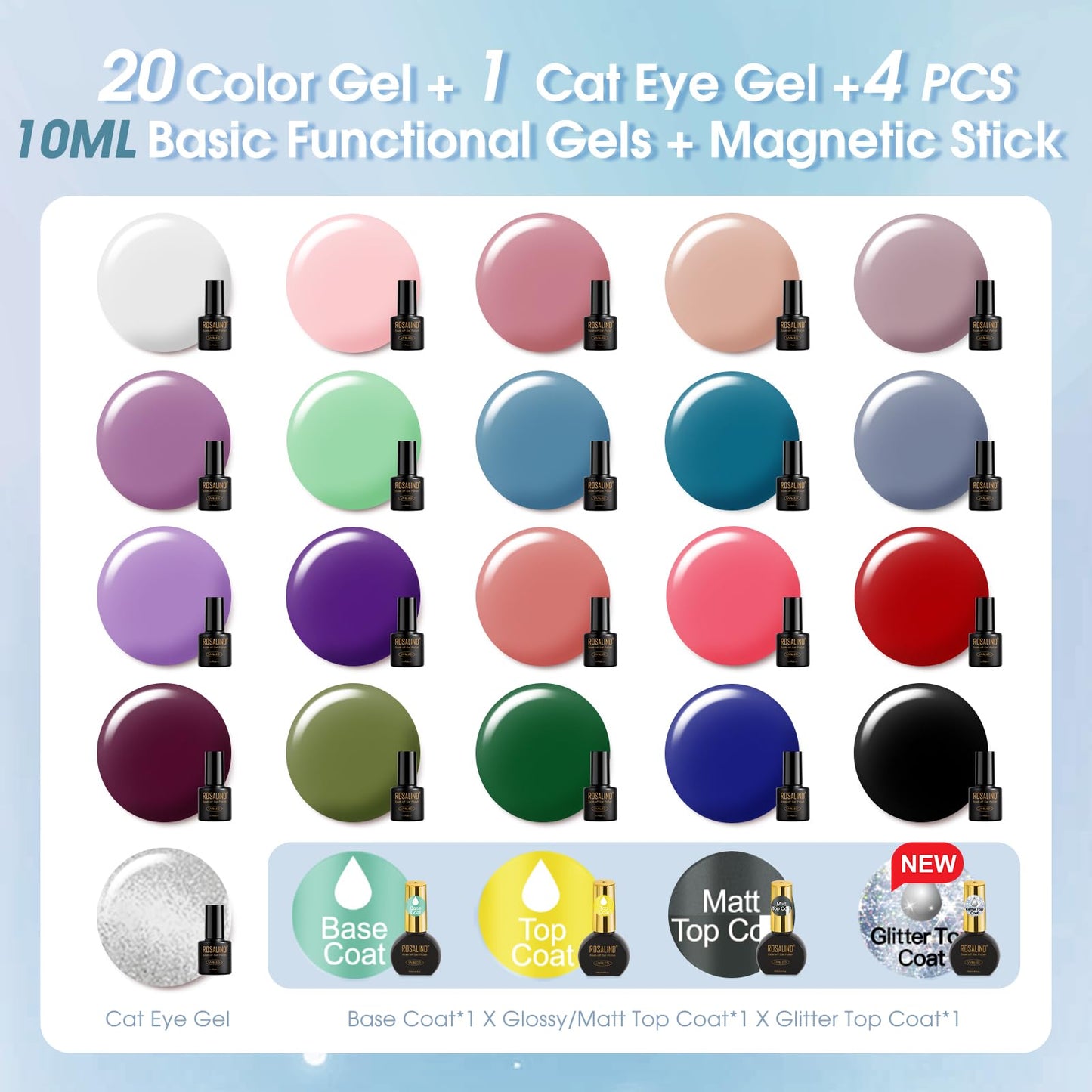 ROSALIND 30PCS Gel Nail Polish Set with Base Glossy Matte and Glitter Top Coat Gel Polish, Green Pink Fall Winter Gel Nail Set Soak Off Gel Polish Set