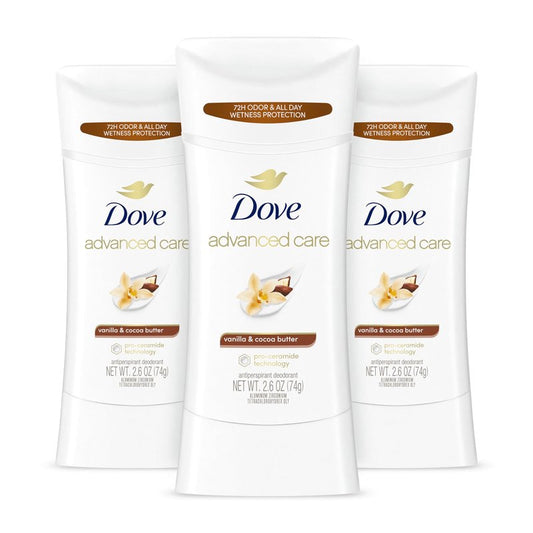 Dove Advanced Care Antiperspirant Deodorant Stick Vanilla & Cocoa Butter 3 Count Antiperspirant deodorant with Pro-Ceramide Technology 72-hour odor control and all-day sweat protection 2.6 oz