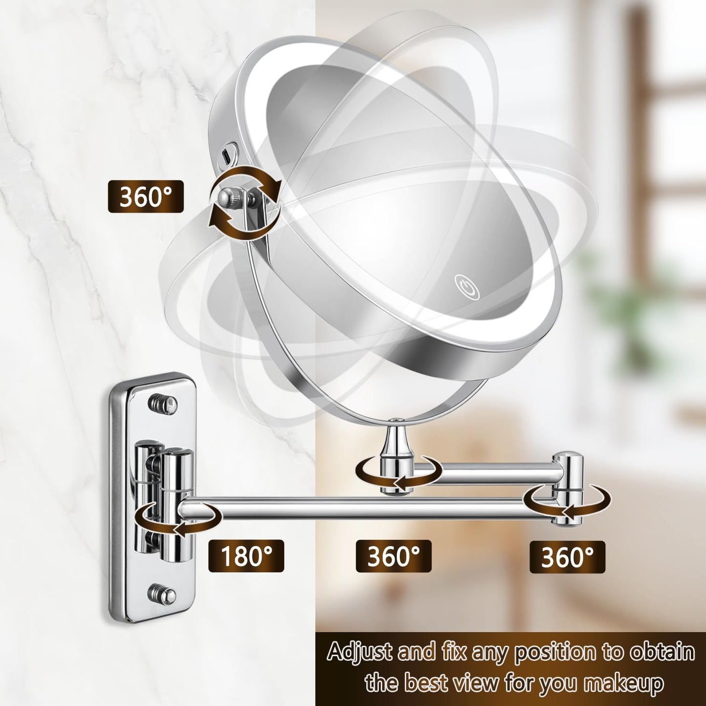 DECLUTTR Wall Mounted Lighted Makeup Mirror, Rechargeable 1X/15X Magnifying Mirror 8 Inch Double Sided, 3 Colors Vanity Mirror with Lights, Touch Dimmable 360° Rotation Foldable