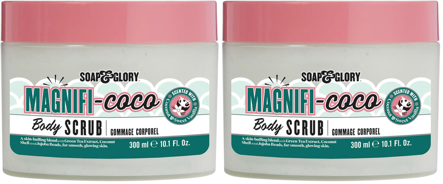 Soap & Glory Magnificoco Buff and Ready Coconut Body Scrub - Smoothing & Buffing Body Scrub - Coconut Scented Body Polish - Brightening with Green Tea Extract (300ml) (Pack of 2)