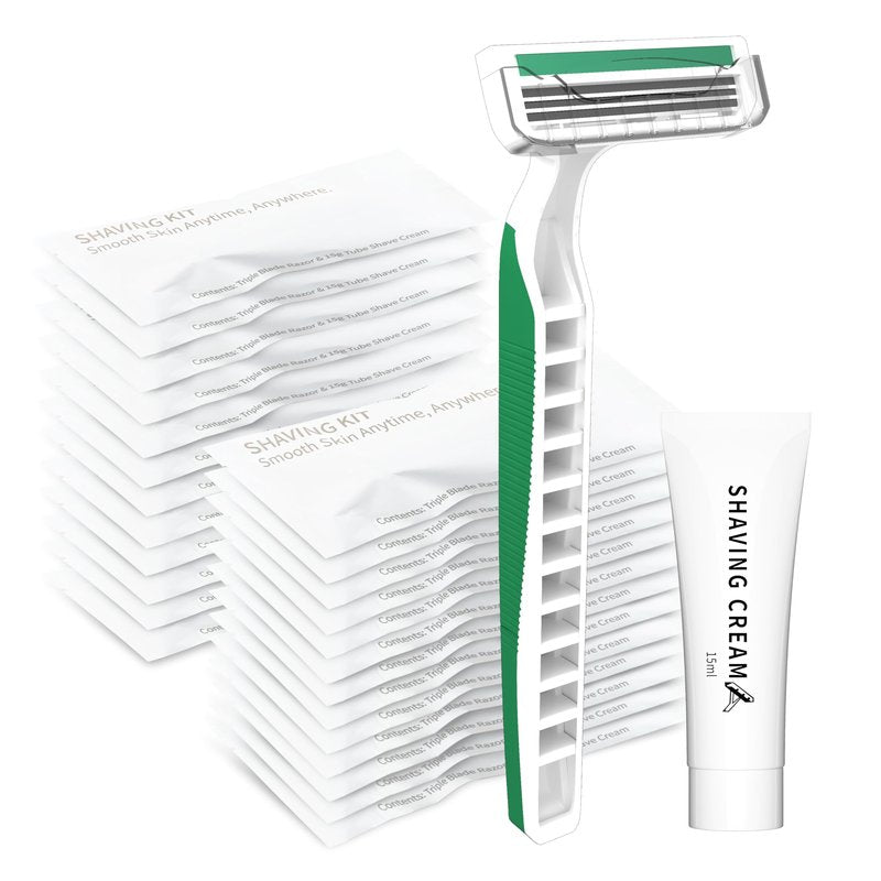 Disposable Bulk Razors with Cream 50PCS Set for Men & Women, Individually Wrapped Portable Toiletries Amenities for Hotel, Airbnb, Homeless, Shelter, Charity, Camping and Travel On The Go