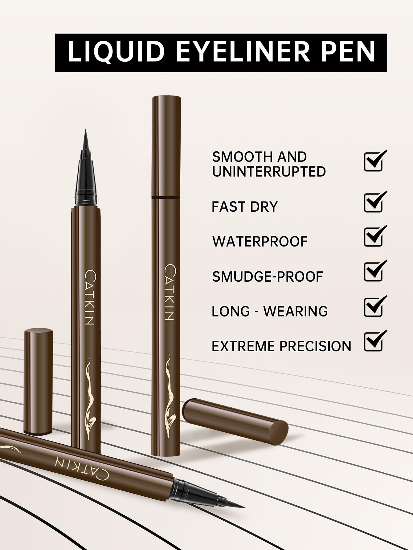Catkin Liquid Eyeliner Pen Ultra-fine Waterproof Smoothy Stay 24 hrs Long Lasting Quick Drying for Sensitive Eyes Alcohol Free Natural Brown
