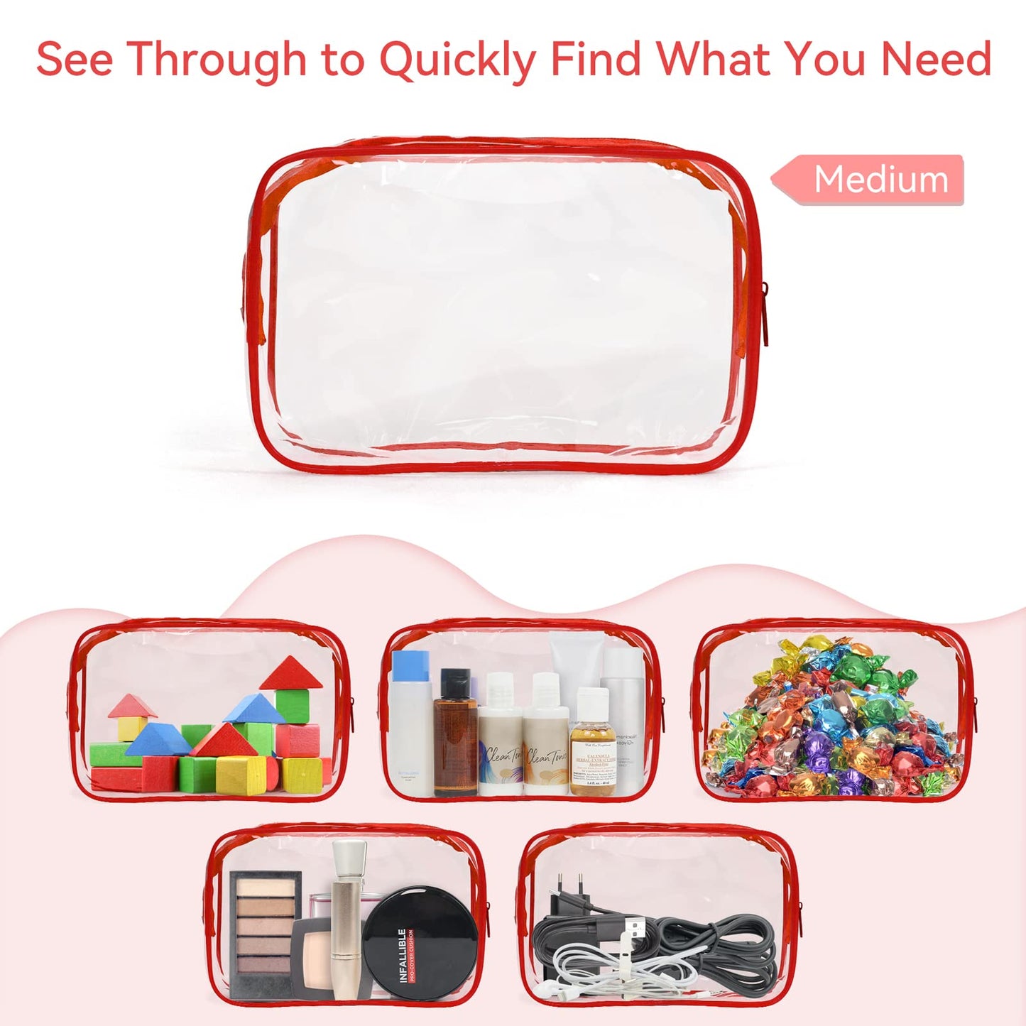 TISRATOK 12 PCS Clear Makeup Bag for Women with Zipper, TSA Approved Toiletry Pouch, Cosmetic Bag Bulk for Travel Organizer Essentials - Red, Medium