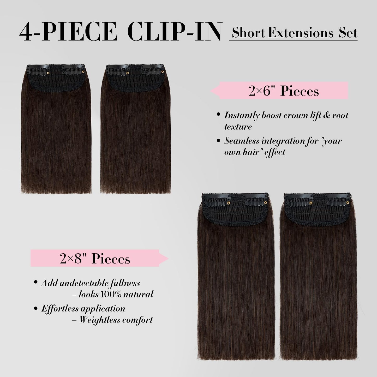 Clip in Short Hair Extensions Real Human Hair,Prokyvity Invisible Human Hair Clip in Extensions Short,(6inch&8inch)4 pieces Mini Extensions for volume or highlight,Dark Brown