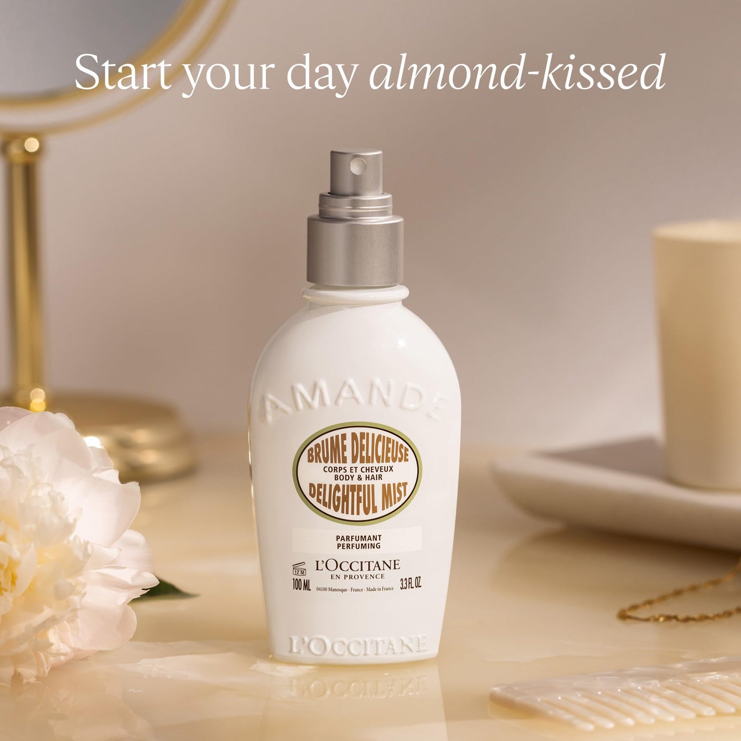 L'OCCITANE Almond Hair & Body Mist, Lightweight Fragrance Spray, Sweet Gourmand Vanilla Scent, Hydrating Glow Finish, Layering Perfume For Silky Skin